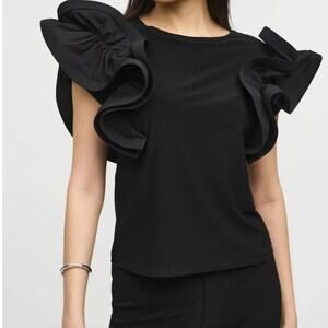 Joseph Ribkoff Black Ruffled Sleeve Crew Neck Top Women's Size 12 Cocktail Party
